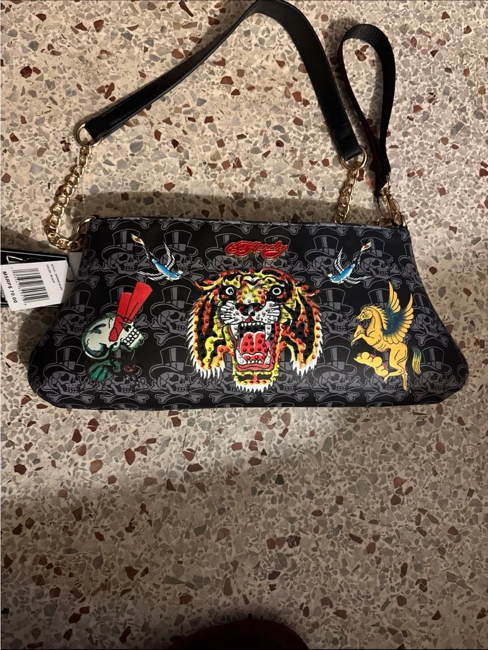 NWT ed hardy shoulder bag tiger motif and skull pat